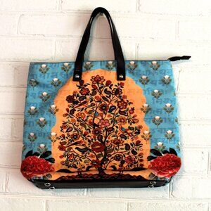 Desi Pop Cotton Print  Tote Bag Orange and Aqua Made in India 15x12x4